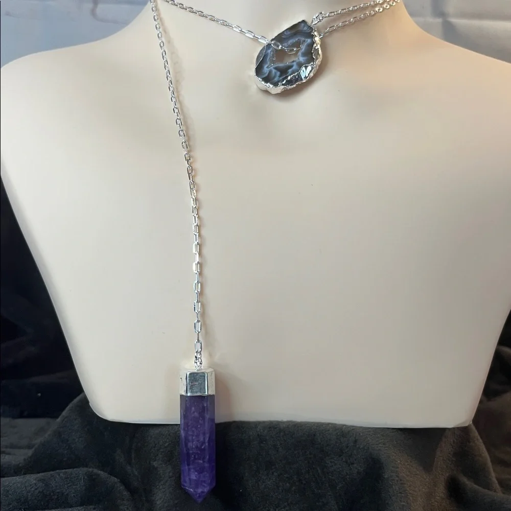 Terminated Light Amethyst and Agate Occo Necklace 18 Inches in Silvertone 67.50 - Picture 5 of 6